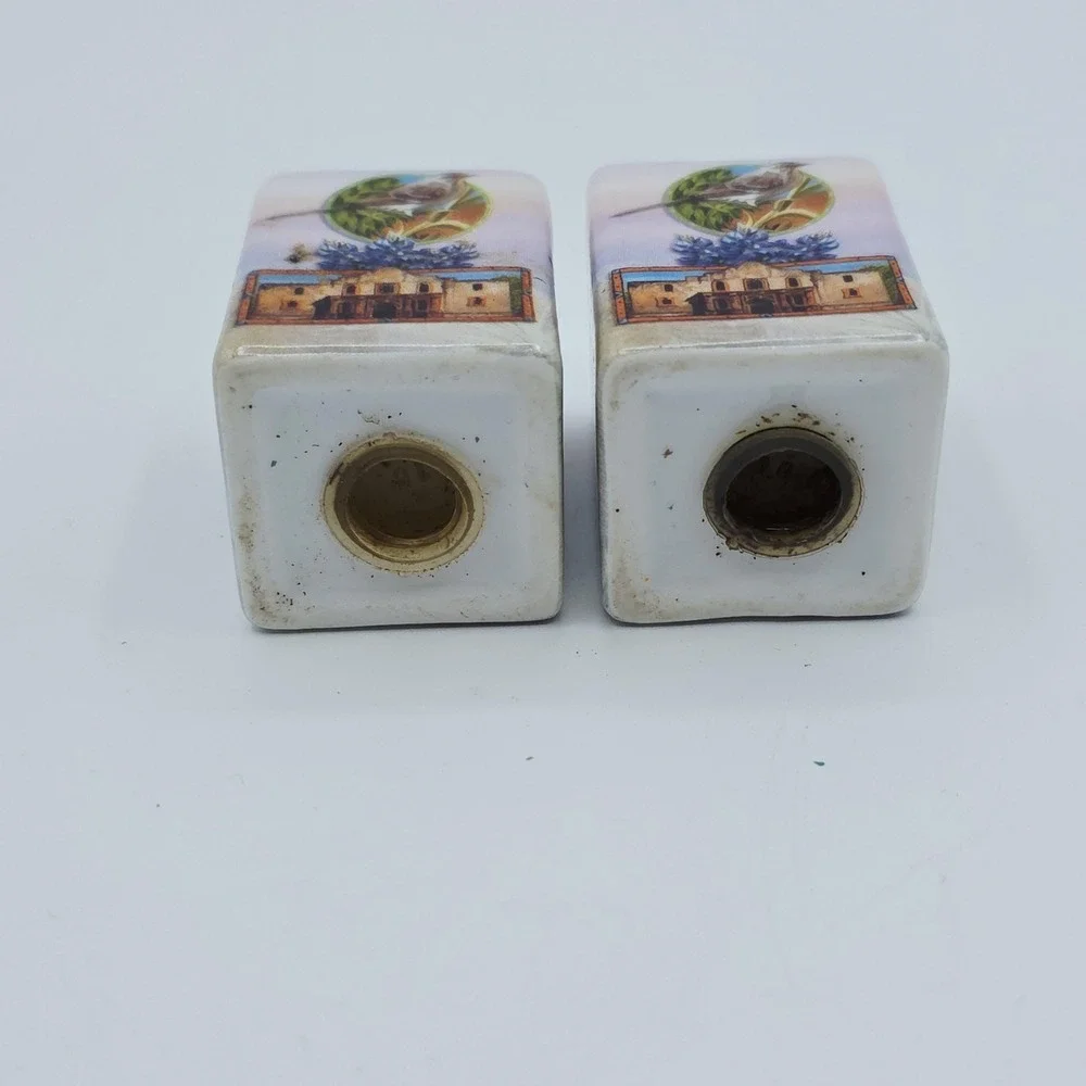 Vtg Texas Austin Souvenir Salt Pepper Shakers Ceramic Pair Bluebonnet Alamo Flag